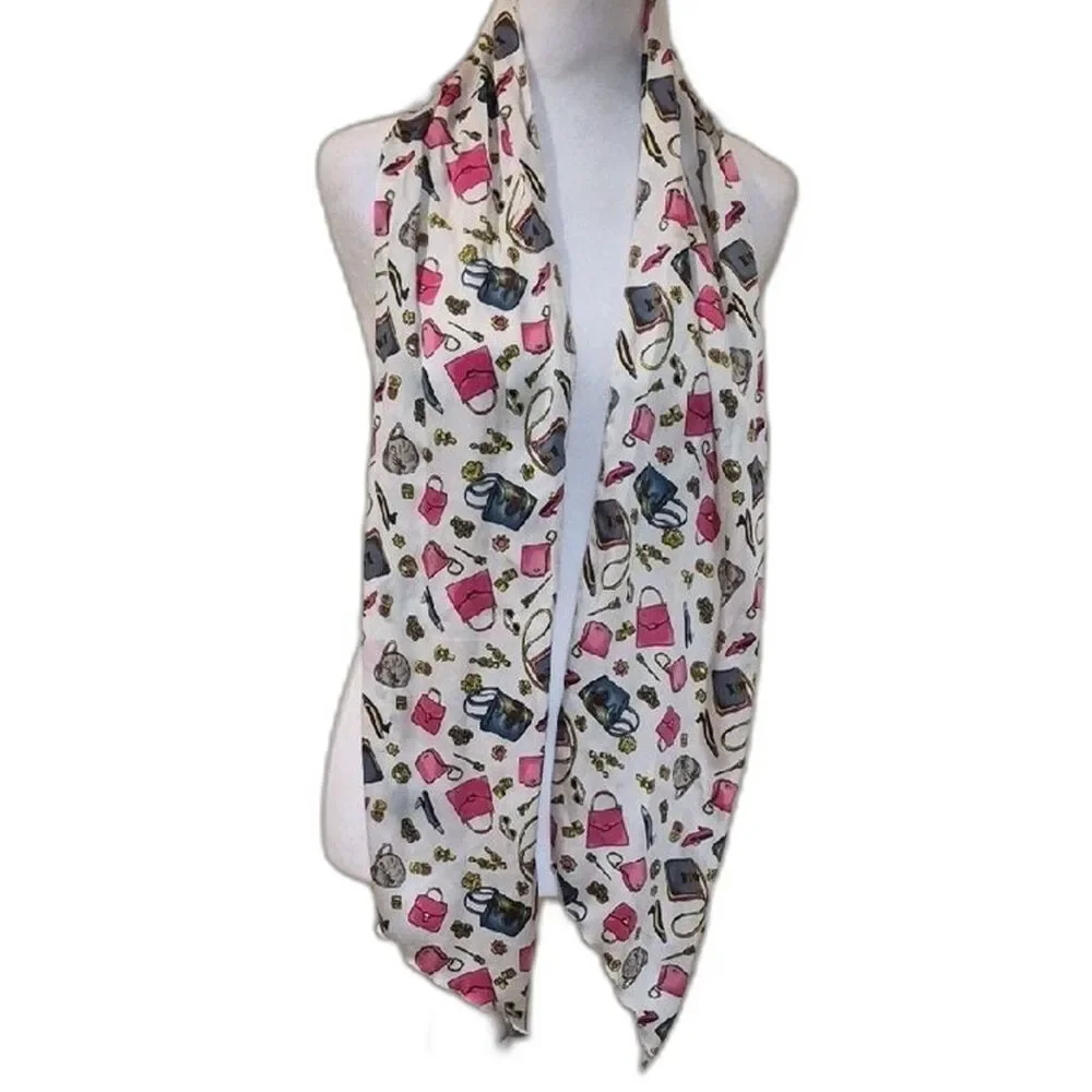 Vintage Novelty Print Silk Scarf White Pink Retro Camera Sunglasses Makeup